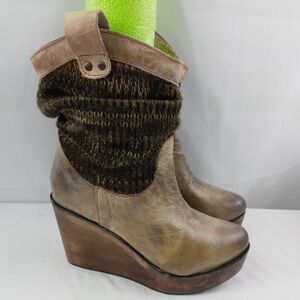 Bed Stu Shoes Bruges Brown Leather Wedge Slouch Platform Boot Women's Size 6